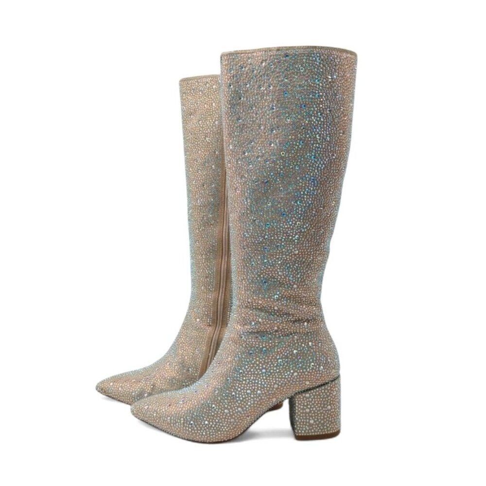 Wetkiss Women's Size 7 Iridescent Crystal Rhinestone Chunky Heel Knee High Boots - Picture 11 of 16
